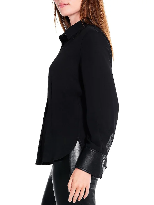 Womens Faux Leather Trim Long Sleeve Button-Down Top