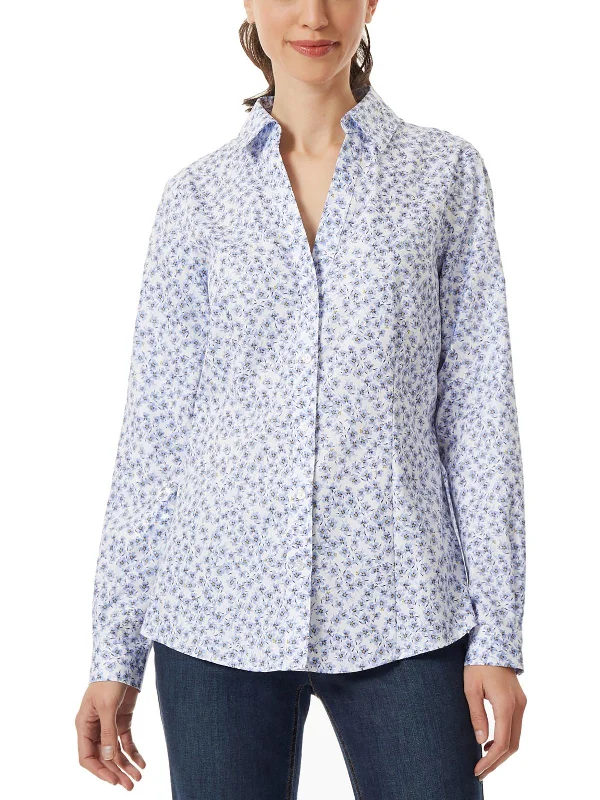 Womens Long Sleeve Collared Button-Down Top