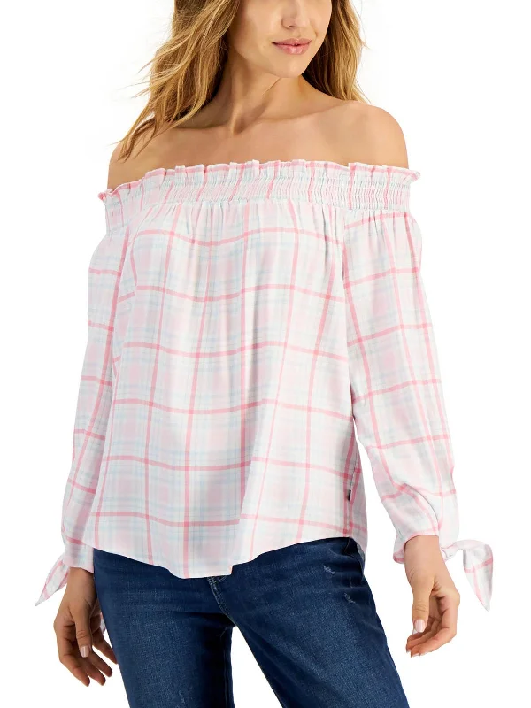 Womens Long Sleeve Plaid Off The Shoulder