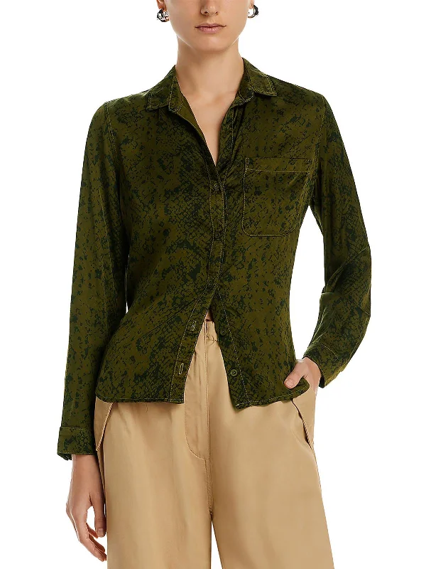 Womens Snake Print Long Sleeve Button-Down Top