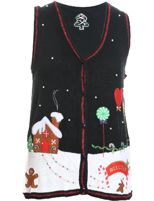 Black Embroidered Christmas Design Sweater Vest - M