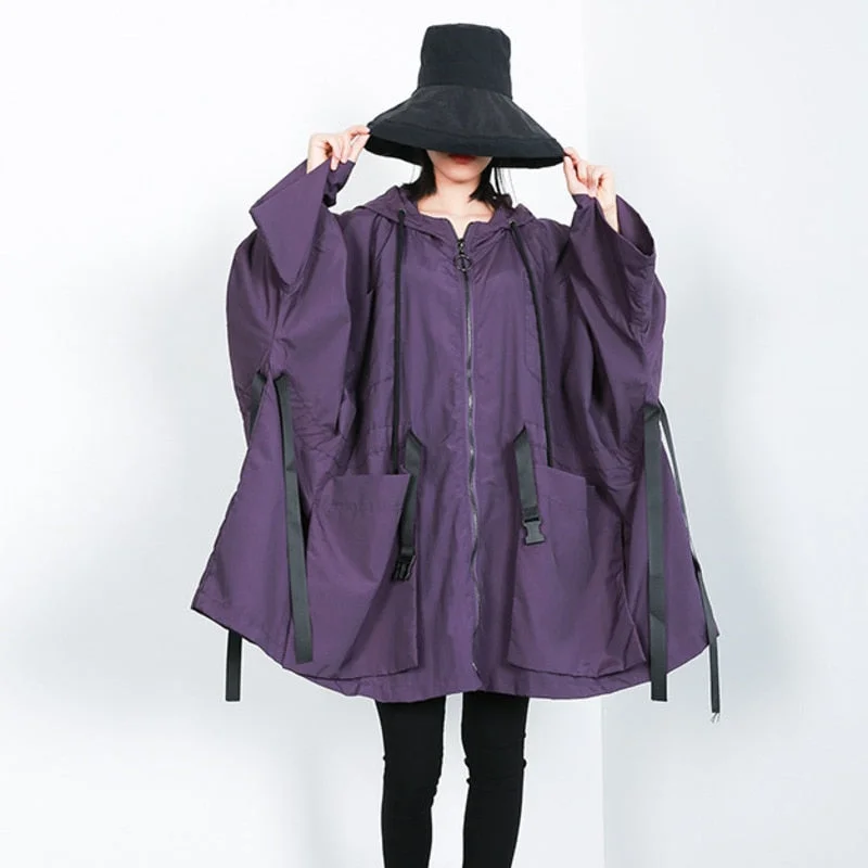 LANMREM 2019 New Fashion Oversize Hooded Full Sleeve Bawting Type Big Size Jacket Female's Zipper Pockets Coat Vestido YE38314