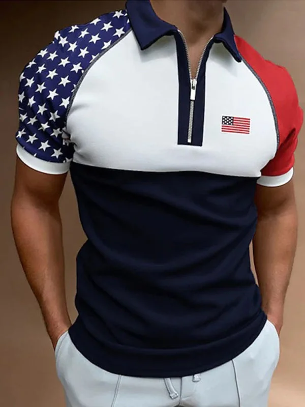 Polyester polo shirtMen's Color Contrasting Flag Print Short Sleeve Zip Lapel Polo Shirt