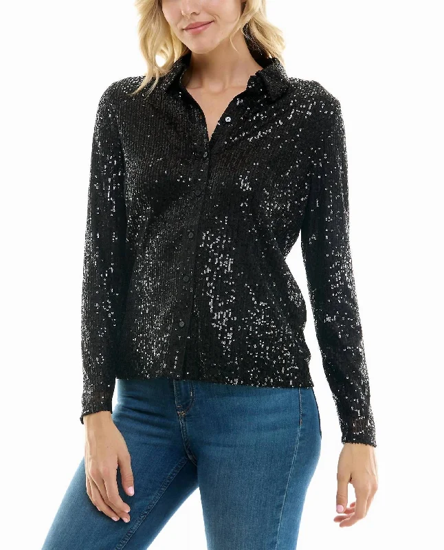 Asymmetrical ShirtsNora Sequin Button Front Shirt In Very Black