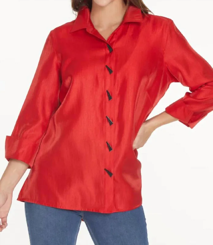 Polka Dot ShirtsTurn-Up Cuff Button Front High Low Shirt In Ruby Red