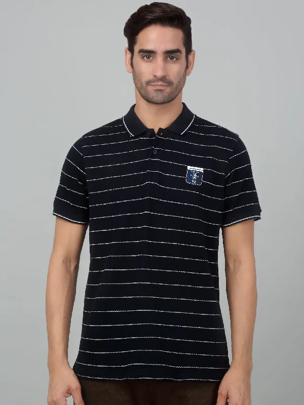 Band collar polo shirtMen's Navy Blue Stripe Polo neck Half Sleeve T-Shirt