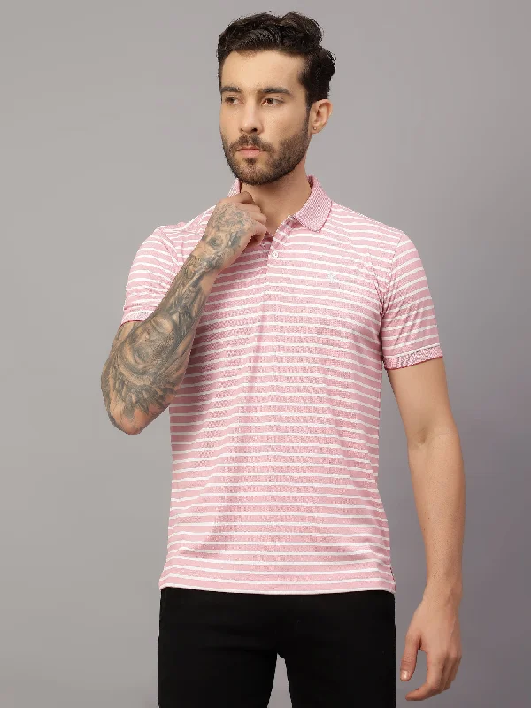 Polka dot polo shirtMen's Pink Stripe Polo neck Half Sleeve T-Shirt