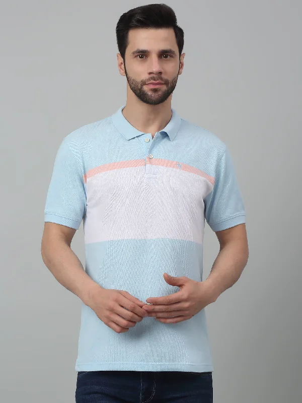 Anti-odor polo shirtMen's Sky Blue Color block Stripe Polo neck Half Sleeve T-Shirt