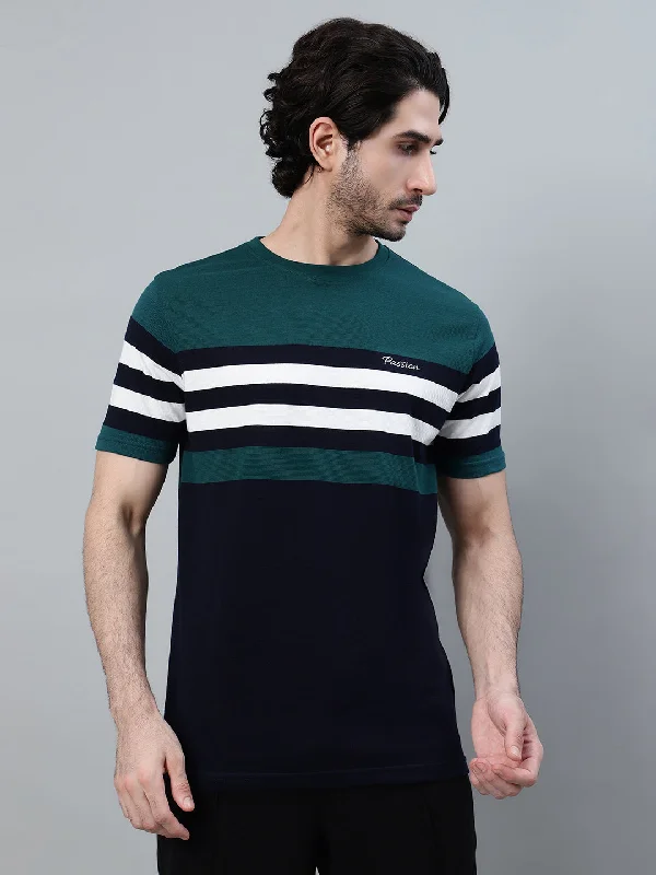 Organic polo shirtMen's Teal Blue Striped Polo Neck Half Sleeve T-shirt