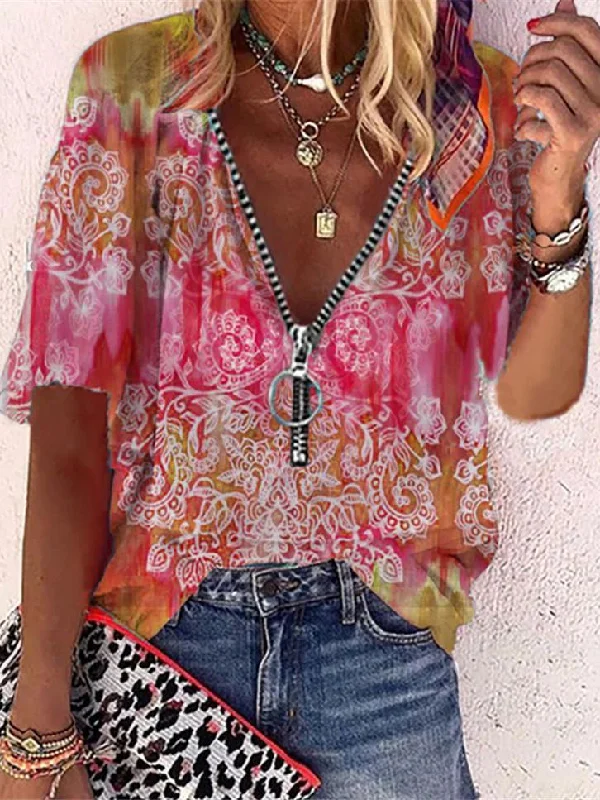 Printed Mid-sleeve Zipper Loose ShirtGlitter T-Shirts