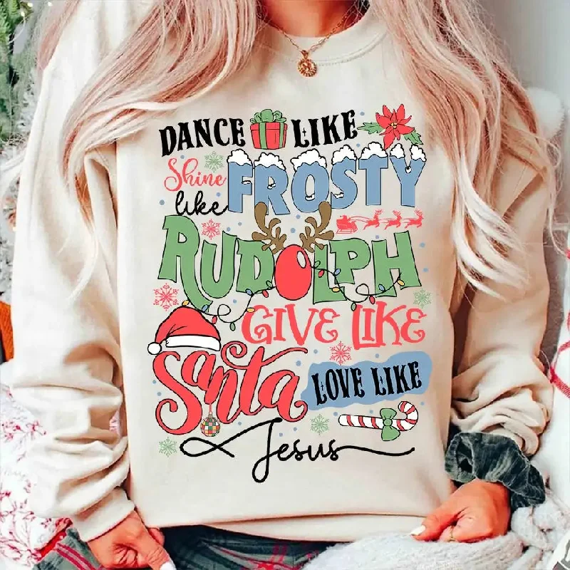 1. Frosty Dance Retro Christmas Hoodie2. Shine Rudolph Slogan Christmas Hoodie3. Give Santa Love Jesus Retro HoodieDesigner Sweatshirts