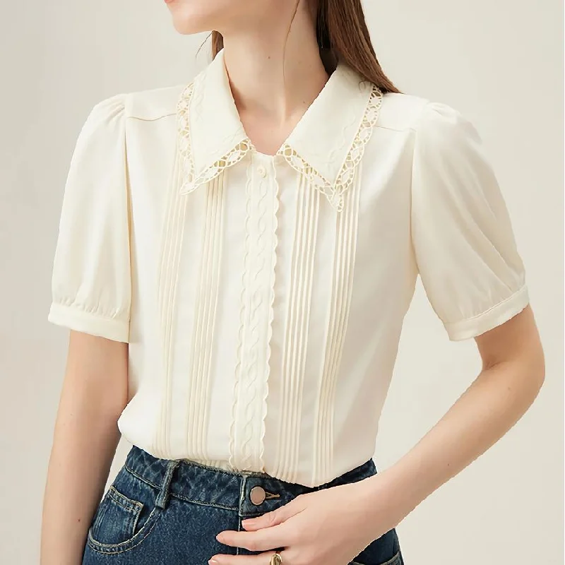 Stretch polo shirtElegant Summer Embroidered Polo-Neck Blouse with Petal Sleeves