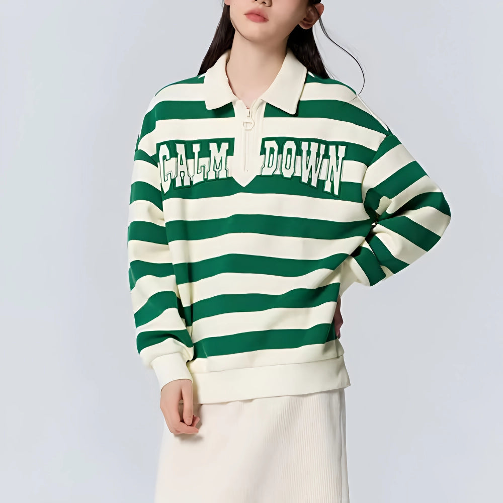 Work polo shirtOversized Waffle Texture Striped Polo Collar Sweatshirt