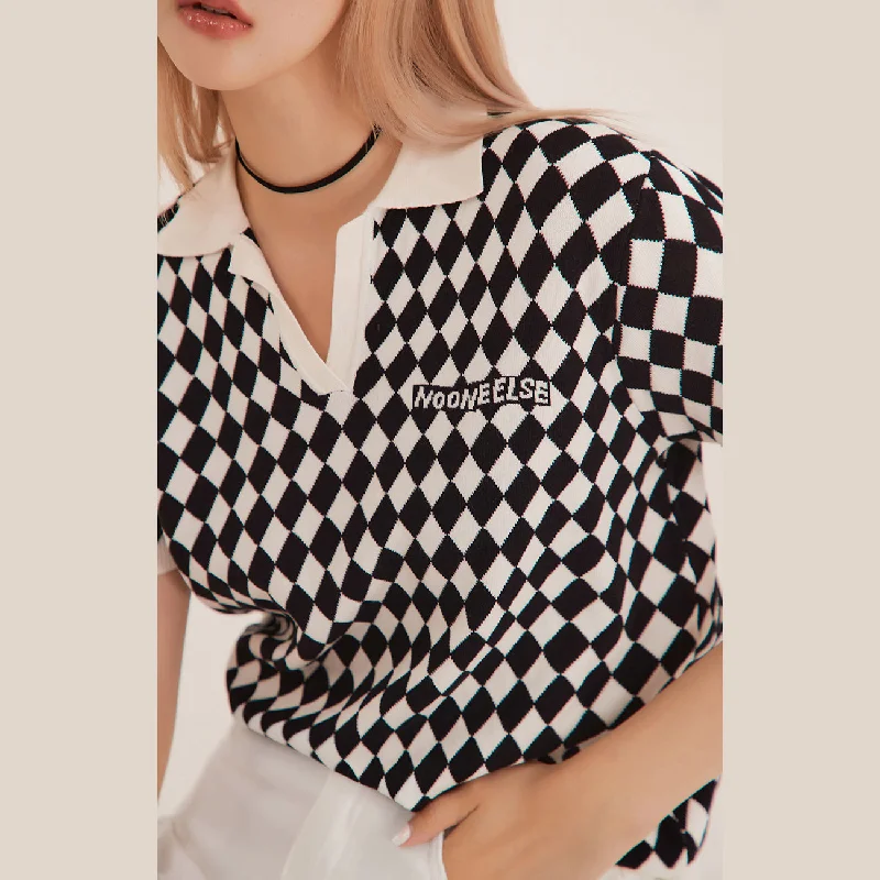 Neutral polo shirtDiamond Check Ribbed Polo Top